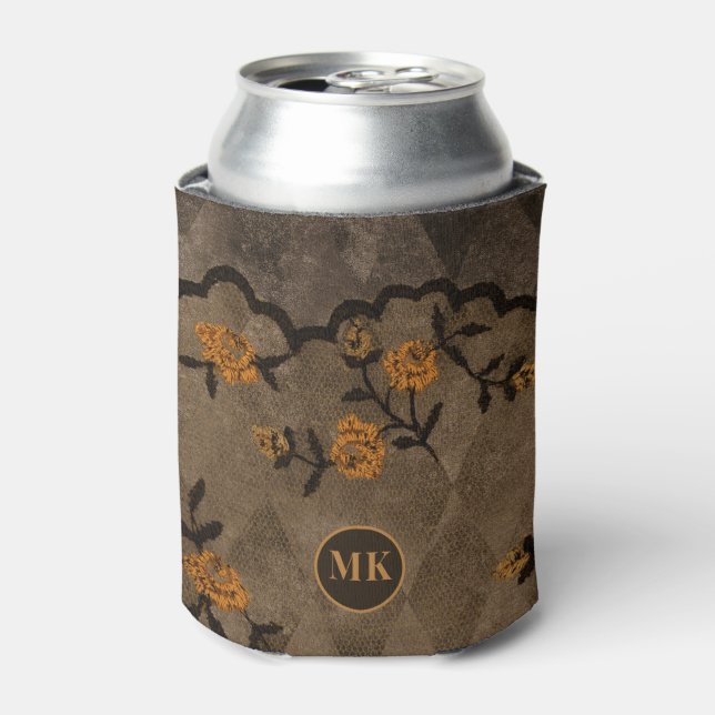 Black and Orange Gothic Floral Monogram Can Cooler (Can Front)