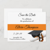 Black and Orange Graduation Cap and Tassel Save The Date (Front/Back)