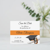 Black and Orange Graduation Cap and Tassel Save The Date (Standing Front)