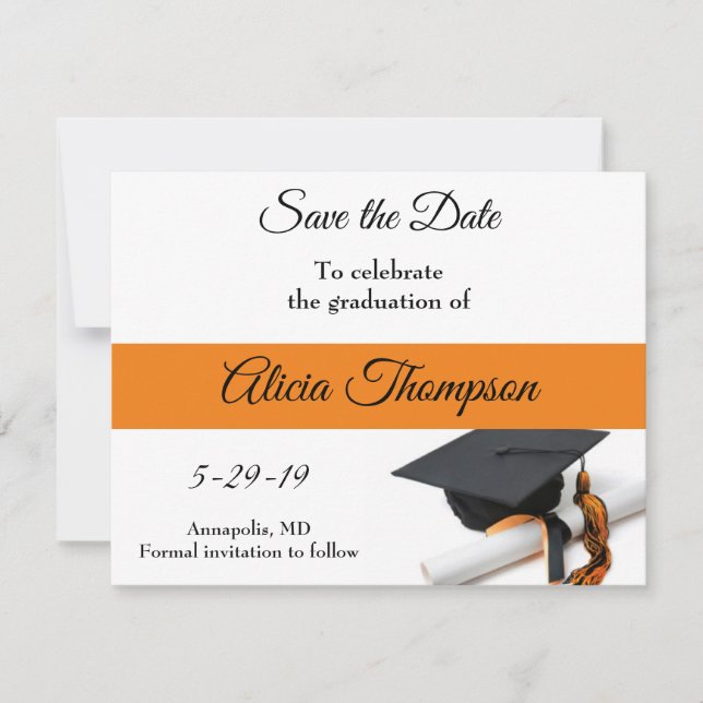 Black and Orange Graduation Cap and Tassel Save The Date (Front)