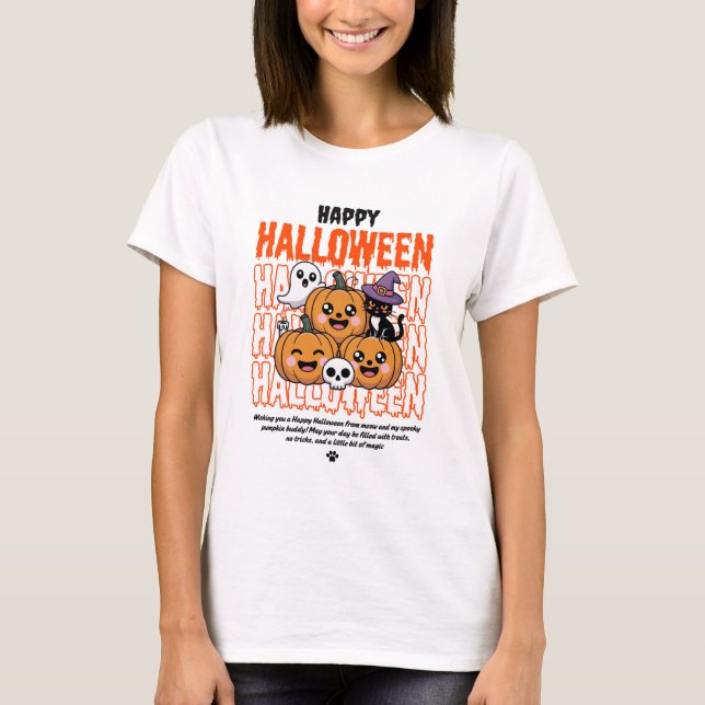 Black and Orange Grunge Halloween Cat & Pumpkin  T-Shirt (Front)