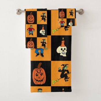 Black And Orange Halloween Checkerboard Bath Towel Set by PugWiggles at Zazzle