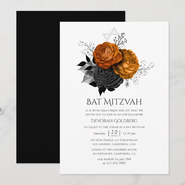 Black and Orange Halloween Floral Bat Mitzvah Invitation (Front/Back)