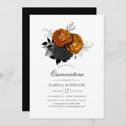 Black and Orange Halloween Floral Quinceaera Invitation