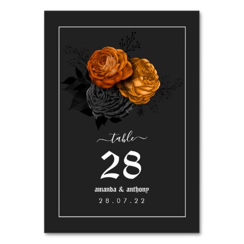 Black and Orange Halloween Floral Wedding Menu Table Number