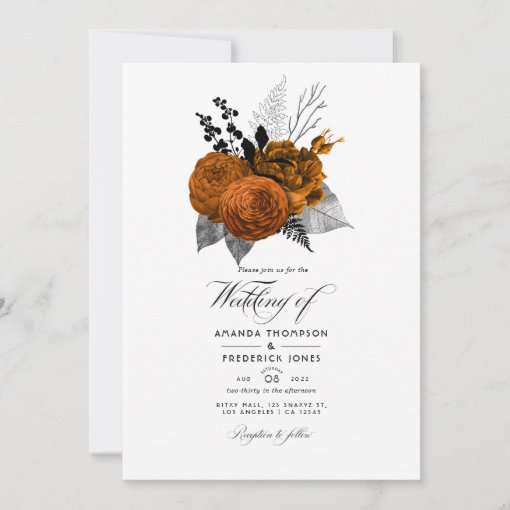 Black and Orange Halloween Floral Wedding Photo Invitation | Zazzle