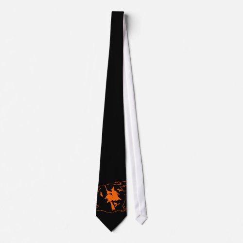 Black and orange Halloween tie with witch on broom