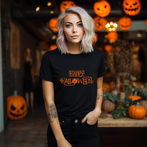 Black and Orange Happy Halloween Bony Typography T_Shirt