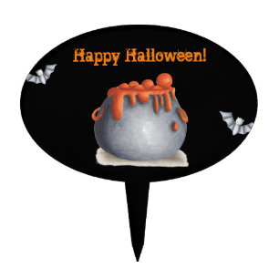 Black and orange Happy Halloween with cauldron Cake Topper