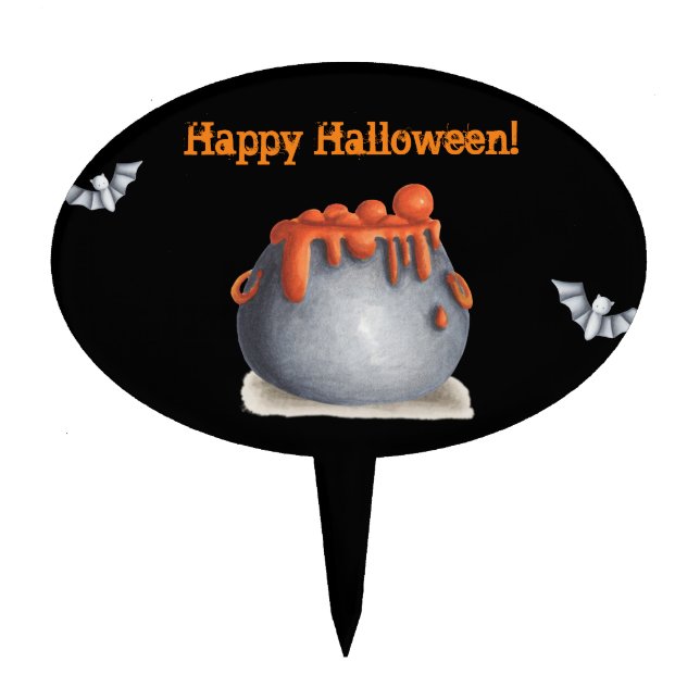 Black and orange Happy Halloween with cauldron Cake Topper (Front)