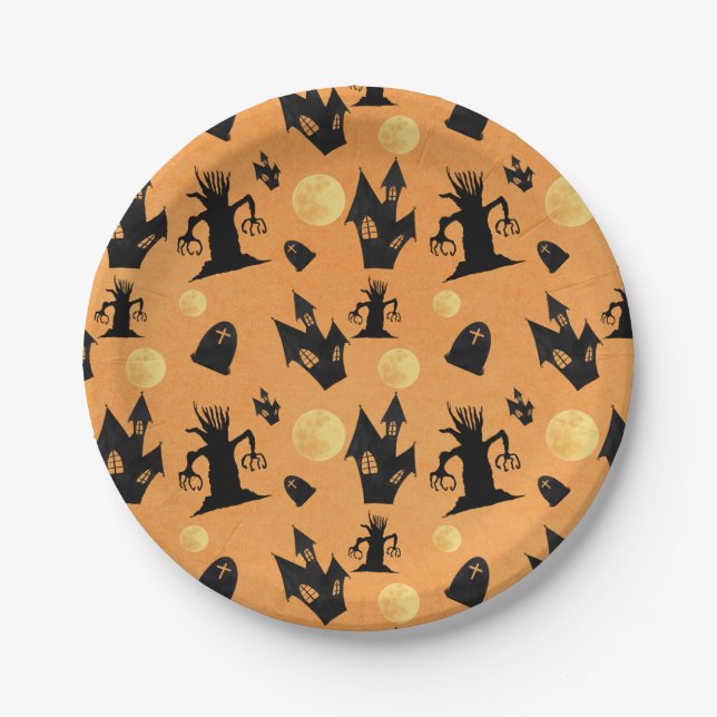 Black and Orange Haunted House Halloween  Paper Plates (Front)