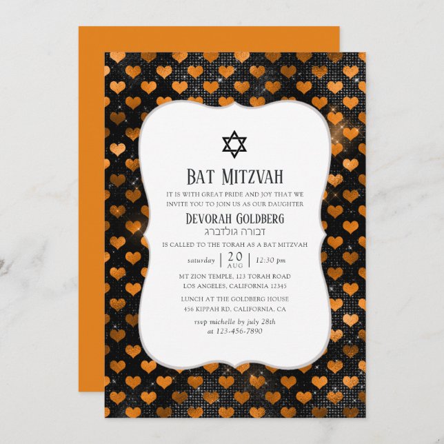 Black and Orange Heart Pattern Bat Mitzvah Invitation (Front/Back)