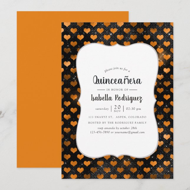 Black and Orange Heart Pattern Quinceañera Invitation (Front/Back)