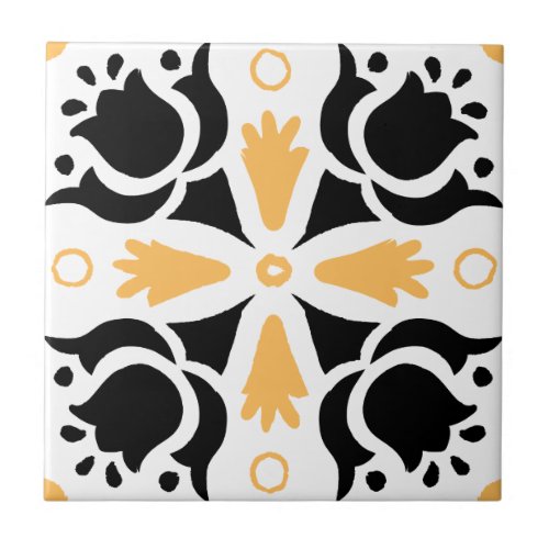 Black and Orange Intricate Floral pattern Ceramic Tile