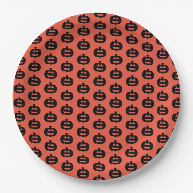 Black and Orange Jack-o-lantern Print Paper Plates (Front)