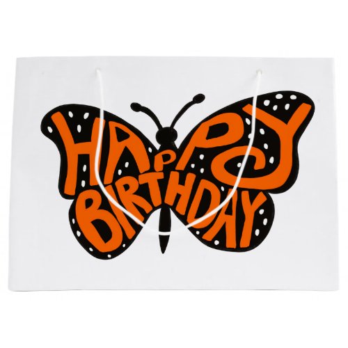 Black and Orange Monarch Butterfly Happy Birthday Large Gift Bag