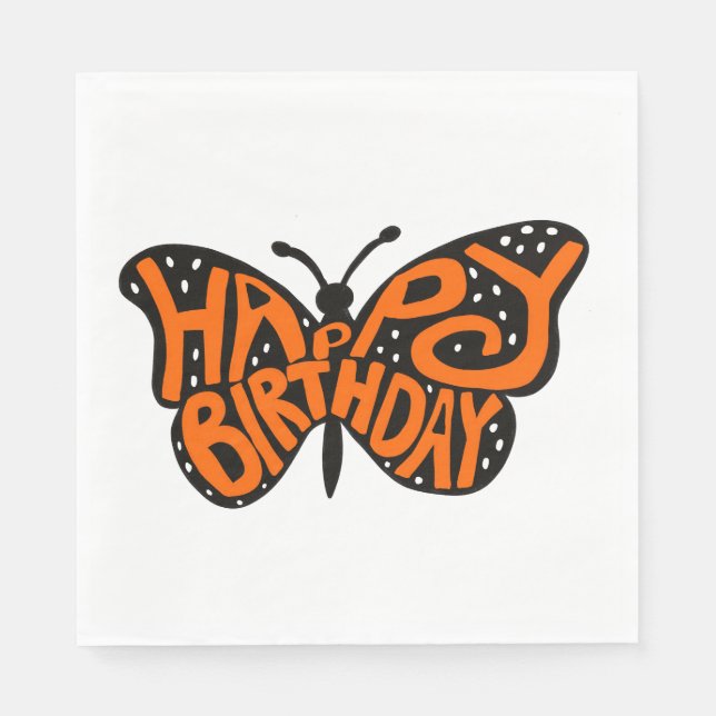Black and Orange Monarch Butterfly Happy Birthday Napkins (Front)