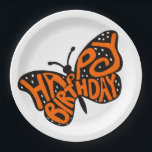 Black and Orange Monarch Butterfly Happy Birthday Paper Plates<br><div class="desc">Features an illustration of a monarch butterfly with trippy orange hand drawn letters spelling out the message HAPPY BIRTHDAY against black wings accented with white spots. Spread cheer with this sunny,  happy design that's perfect for anyone who loves butterflies.</div>