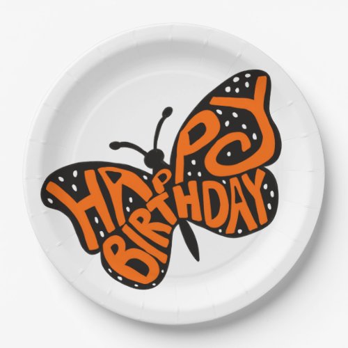 Black and Orange Monarch Butterfly Happy Birthday Paper Plates