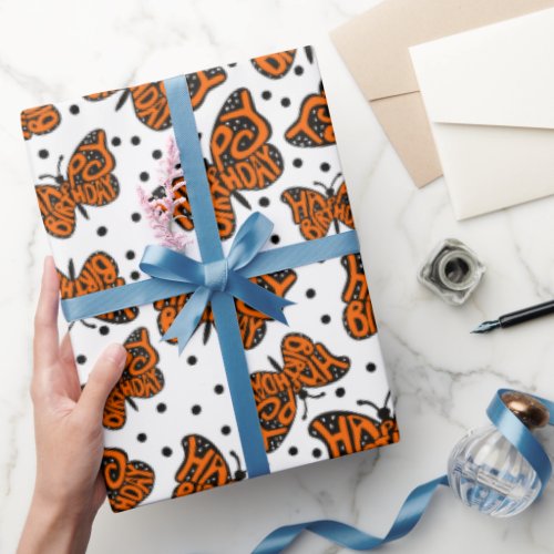Black and Orange Monarch Butterfly Happy Birthday Wrapping Paper