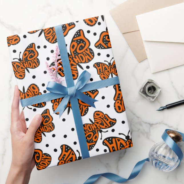 Black and Orange Monarch Butterfly Happy Birthday Wrapping Paper (Gifting)
