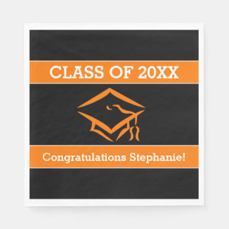Black and Orange Mortarboard Graduation Party Napkins