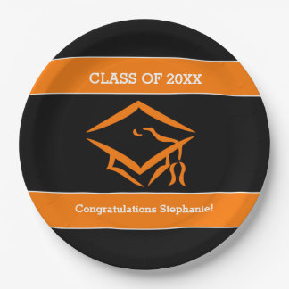 Black and Orange Mortarboard Graduation Party Paper Plates