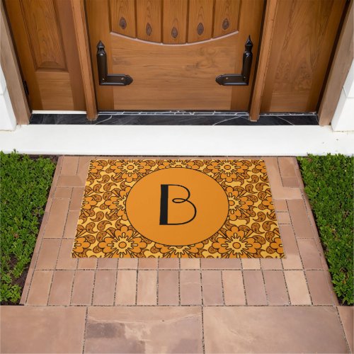 Black And Orange Paisleys Monogram Doormat