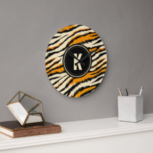 Black and Orange Pattern Monogram Large Clock