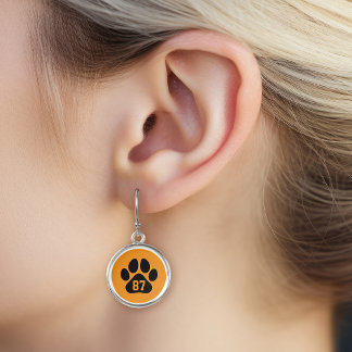 Black and Orange Paw Print Custom Jersey Number Earrings