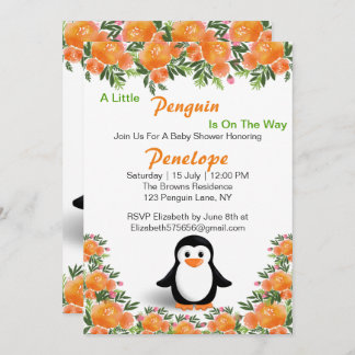 Black and Orange Penguin | Orange & Green Flowers Invitation