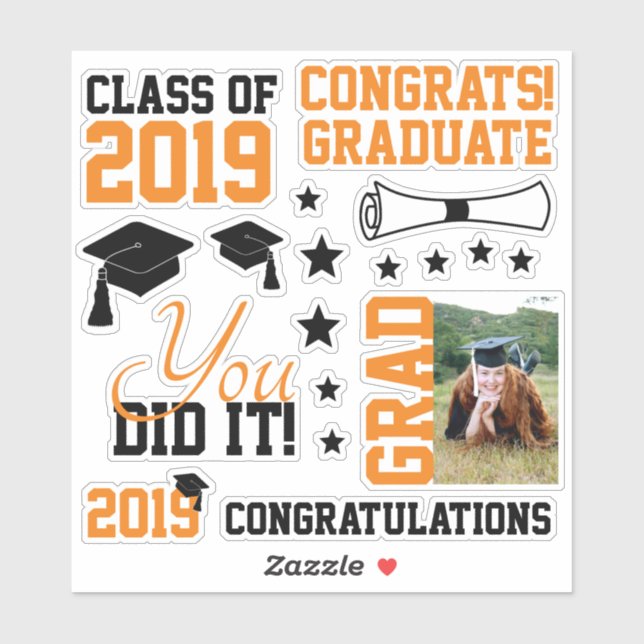 Black and Orange Photo Graduation Sticker (Sheet)