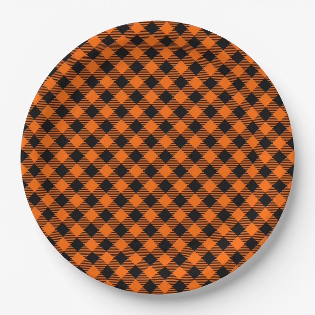 Black and Orange Plaid Paper Plates (Front)