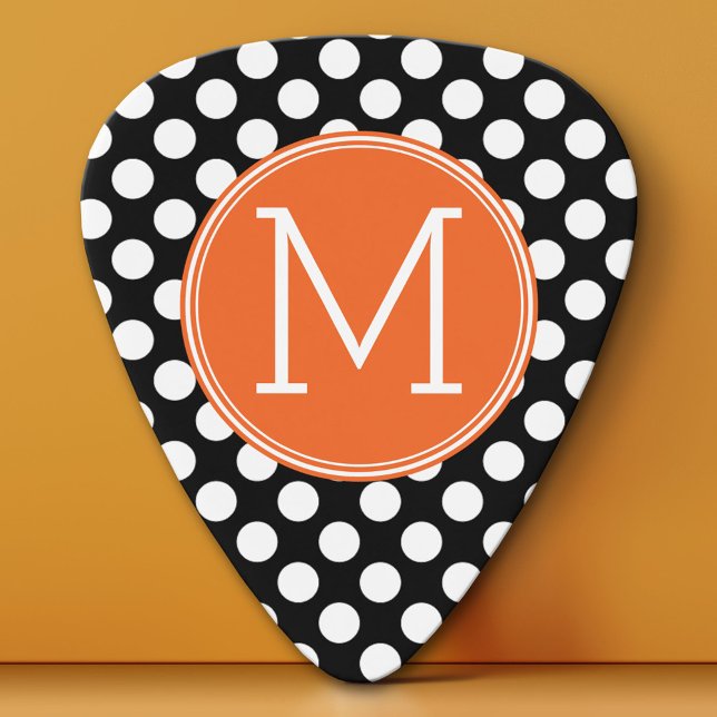 Black and Orange Polka Dots with Custom Monogram Guitar Pick (Custom Guitar Pick)