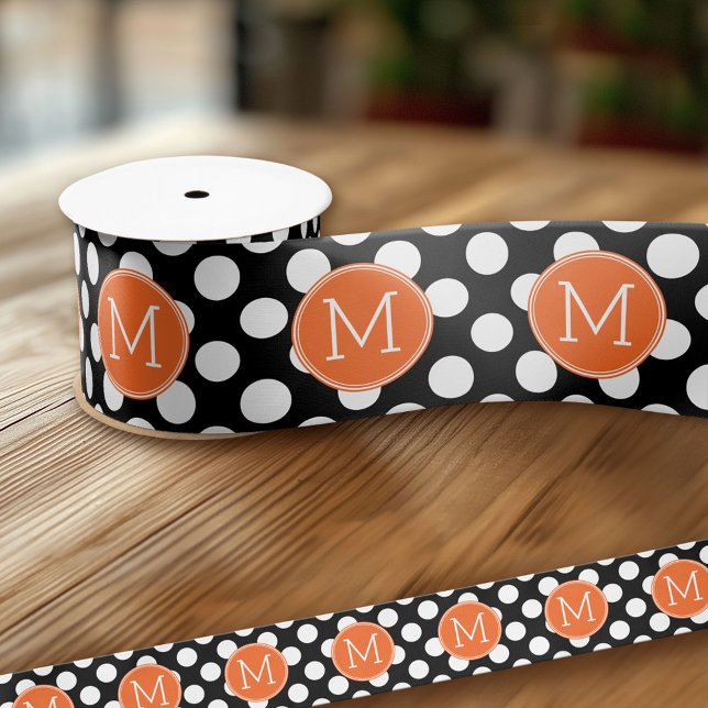 Black and Orange Polka Dots with Custom Monogram Satin Ribbon (Custom Ribbon - Add Your Own Text)