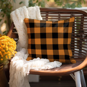 Black and Orange Preppy Buffalo Check Plaid Throw Pillow