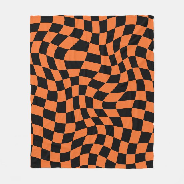 Black And Orange Psychedelic Checkered Groovy Grid Fleece Blanket (Front)