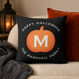 Black and Orange Pumpkin Monogram Halloween Throw Pillow
