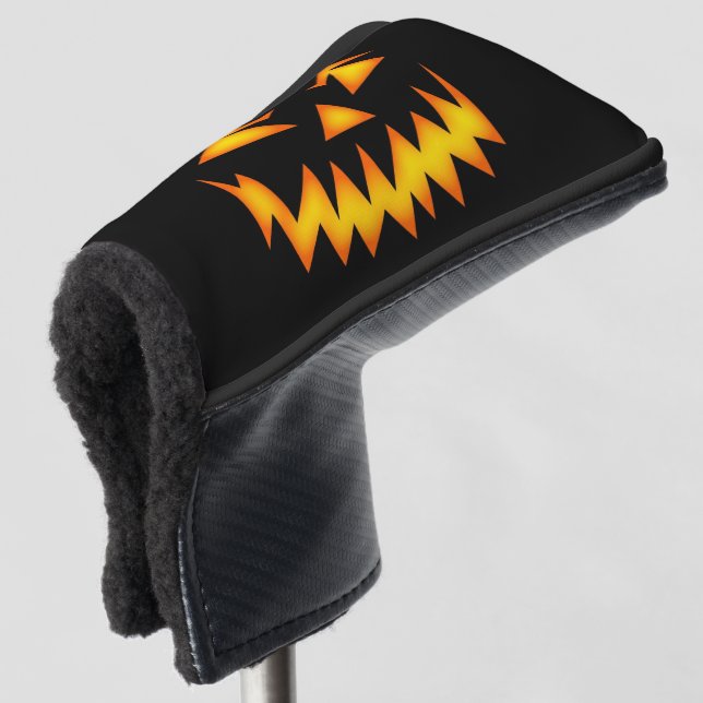 Black and Orange Scary Pumpkin Halloween Golf Head Cover (3/4 Front)