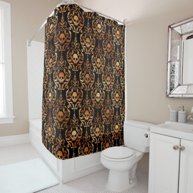 Black and Orange Skull Shower Curtain (In Situ)