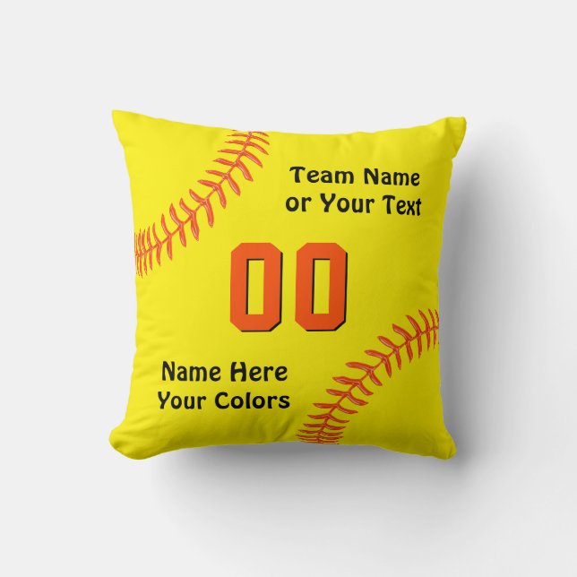 Black and Orange Softball Pillow, Personalized Throw Pillow (Front)