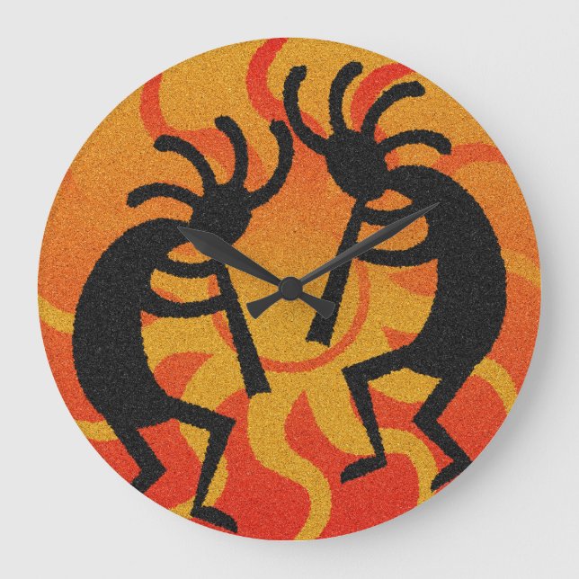Black And Orange Southwest Kokopelli Tribal Sun Large Clock (Front)