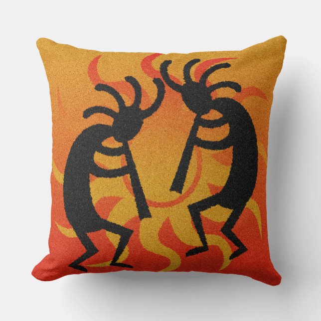 Black And Orange Southwest Kokopelli Tribal Sun Throw Pillow (Front)