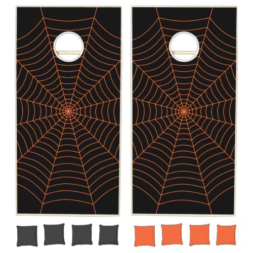Black and orange spider web Halloween pattern Cornhole Set