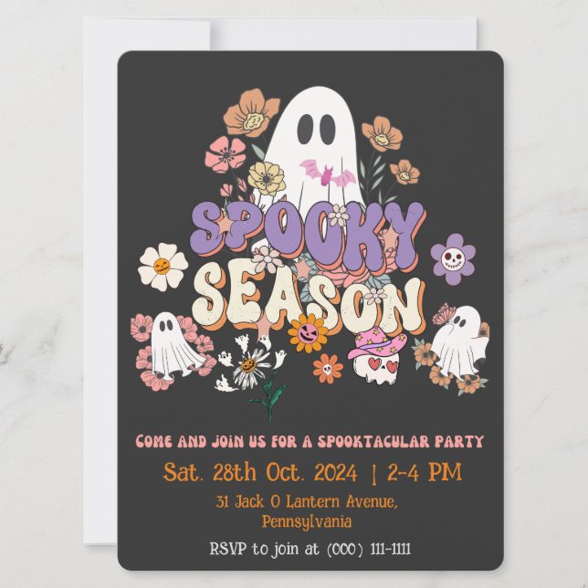 Black and Orange Spooky ghost Halloween Invitation (Front)