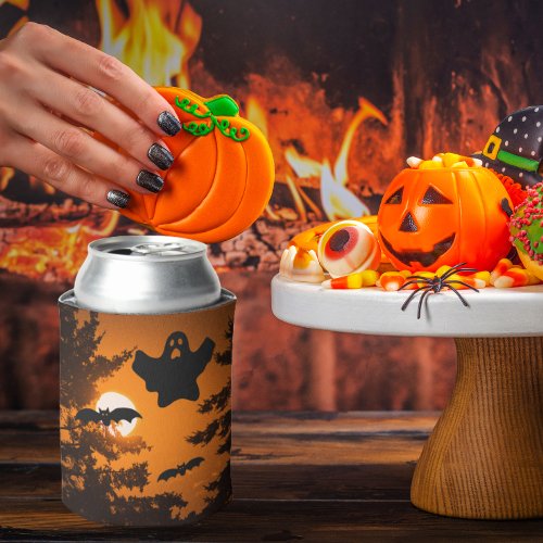Black and Orange Spooky Halloween Night Scene Can Cooler