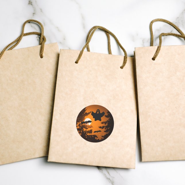 Black and Orange Spooky Halloween Night Scene Classic Round Sticker (In Situ Gifting)