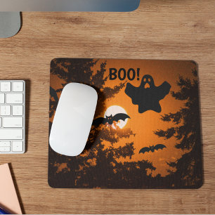 Black and Orange Spooky Halloween Night Scene Mouse Pad