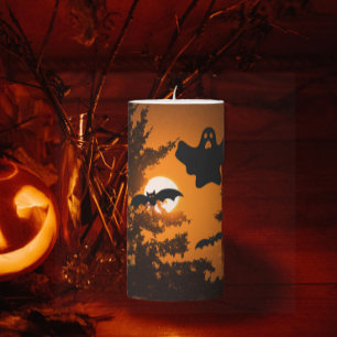 Black and Orange Spooky Halloween Night Scene Pillar Candle