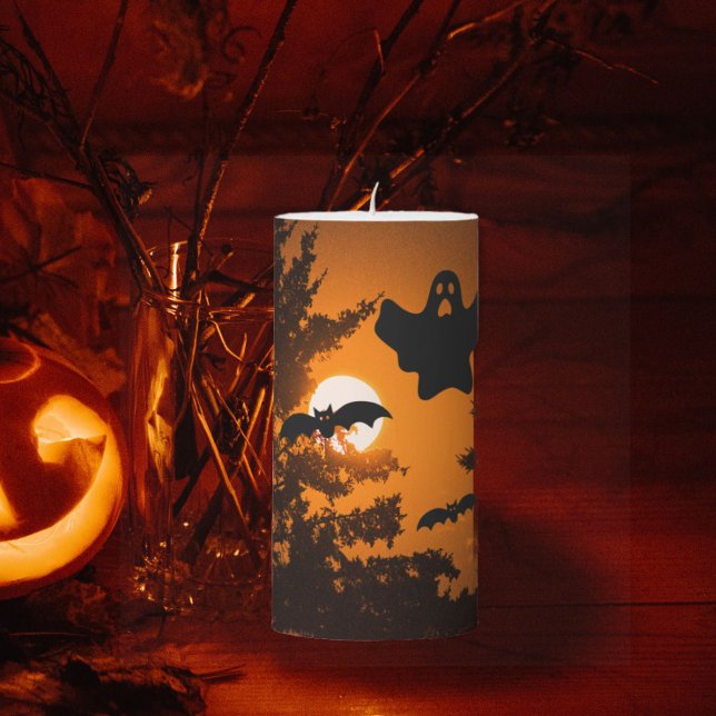 Black and Orange Spooky Halloween Night Scene Pillar Candle (In Situ Halloween)